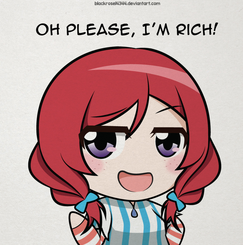 blackrose14344 chibi crossover highres looking_at_viewer love_live! love_live!_school_idol_project nishikino_maki open_mouth redhead short_hair smile smirk smug wendy's