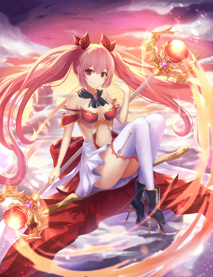 1girl absurdres bare_shoulders black_shoes breasts broom broom_riding cleavage clouds gem hand_up high_heels highres long_hair looking_at_viewer medium_breasts midriff nani_(goodrich) navel pink_hair red_eyes ribbon shoes sidesaddle sitting smile staff sunset thigh-highs twintails white_legwear