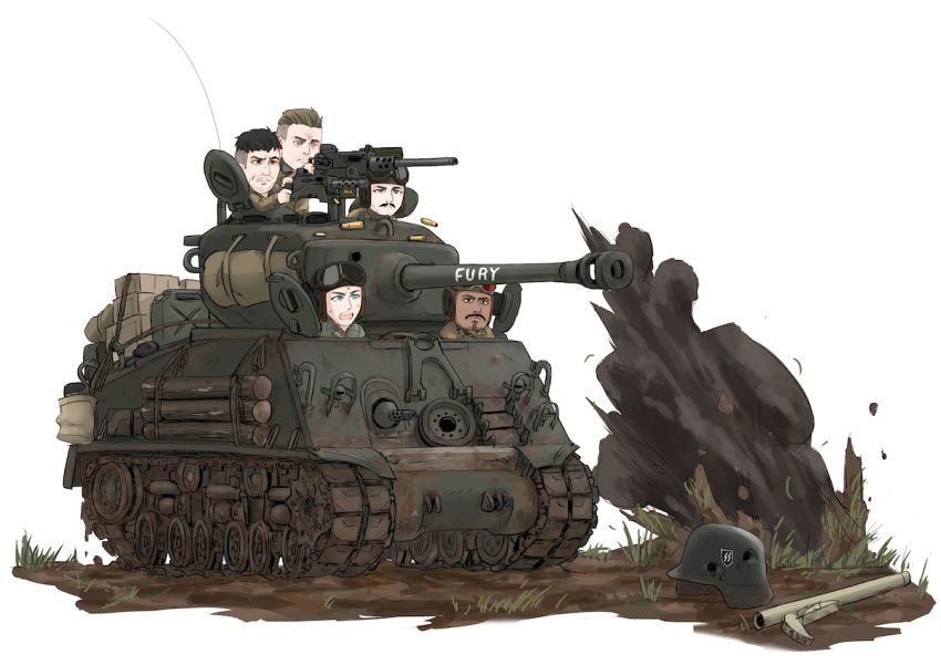 5boys boyd_swan chibi commentary dakku_(ogitsune) dark_skin dirty don_collier explosion facial_hair fury_(movie) goatee goggles goggles_on_headwear grady_travis grimace ground_vehicle helmet m4_sherman military military_vehicle motor_vehicle mud multiple_boys mustache norman_ellison open_mouth panzerfaust shell_casing sweatdrop tank trini_garcia white_background world_war_ii