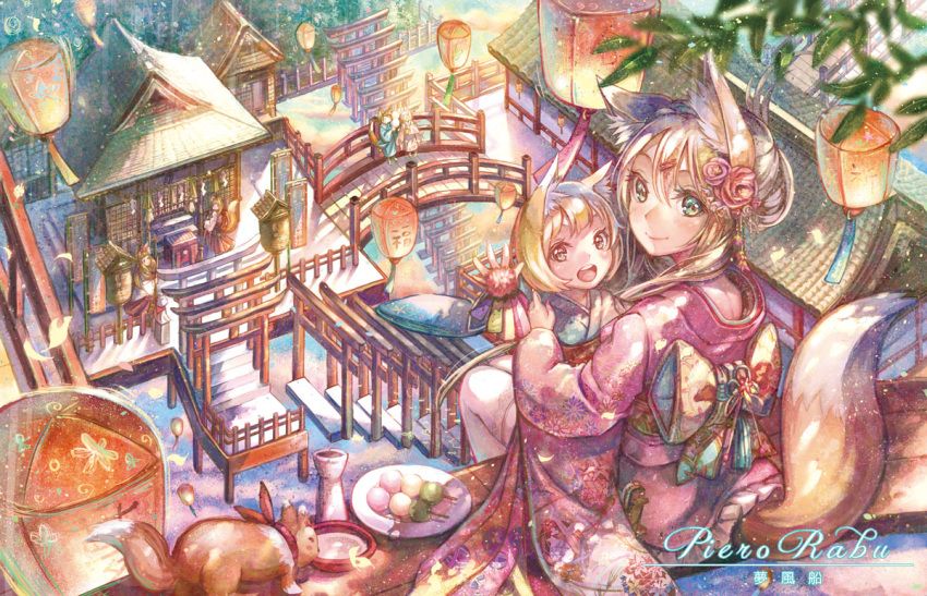 5girls animal_ears artist_name blush bowl bridge brown_hair flower food fox_ears fox_tail green_eyes hair_flower hair_ornament lantern long_hair looking_at_another looking_at_viewer multiple_girls open_mouth original pierorabu plate short_hair sitting smile snow snowing stairs tail takoyaki