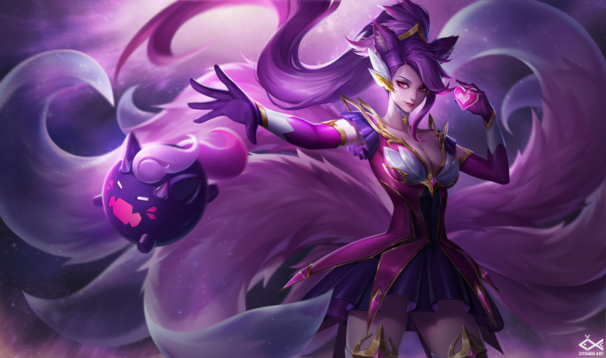 1girl ahri alternate_costume boots breasts citemer cleavage elbow_gloves fox_girl fox_tail gloves heart highres league_of_legends long_hair magical_girl md5_mismatch medium_breasts multiple_tails pink_eyes ponytail purple_hair resized tail thigh-highs upscaled very_long_hair zettai_ryouiki