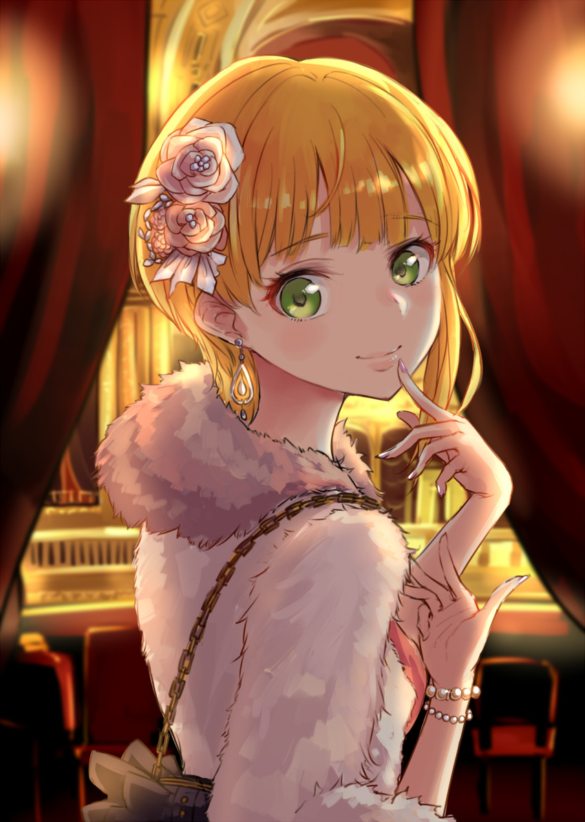 1girl alternate_costume blonde_hair blush commentary_request earrings flower green_eyes hair_flower hair_ornament highres idolmaster idolmaster_cinderella_girls jewelry looking_at_viewer looking_to_the_side minato_(shouno) miyamoto_frederica short_hair smile solo