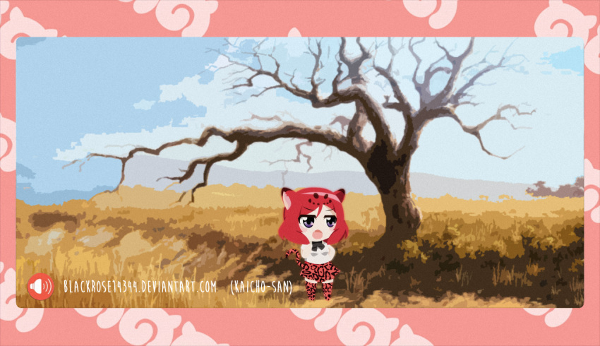 1girl animal_ears blackrose14344 chibi cosplay day forest grass jaguar_(kemono_friends) jaguar_(kemono_friends)_(cosplay) kemono_friends love_live! love_live!_school_idol_project nature nishikino_maki outdoors palm_tree parody redhead savannah scenery sky smile tail tree