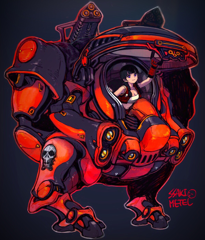 1girl artist_name bandeau bangs black_hair blunt_bangs braid breasts cleavage closed_mouth cockpit collarbone cropped_jacket elbow_gloves full_body gatling_gun gloves gun hand_up highres holding jacket long_hair looking_at_viewer mecha medium_breasts midriff navel open_clothes open_jacket original red_gloves red_jacket robot sleeveless sleeveless_jacket smile solo ssaki_metel twin_braids violet_eyes weapon