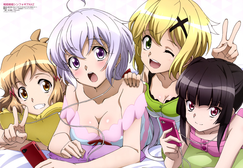 4girls ;d absurdres ahoge akatsuki_kirika artist_request bare_shoulders black_hair blonde_hair blush breasts brown_hair cleavage collarbone digital_media_player green_eyes grin h-new hair_ornament headphones highres large_breasts long_hair looking_at_viewer lying medium_breasts multiple_girls official_art on_stomach one_eye_closed open_mouth orange_eyes pink_eyes senki_zesshou_symphogear short_hair silver_hair smile tachibana_hibiki_(symphogear) teeth tsukuyomi_shirabe twintails v very_long_hair violet_eyes yukine_chris