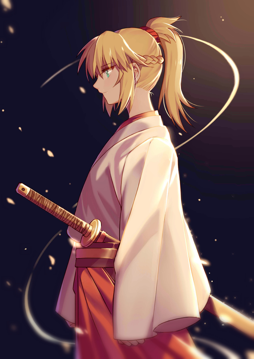 1girl absurdres bangs blurry braid closed_mouth depth_of_field eyebrows_visible_through_hair fate/apocrypha fate_(series) from_side green_eyes hakama highres japanese_clothes long_sleeves ponytail profile saber_of_red shinai sidelocks solo sword upper_body weapon wide_sleeves yorukun