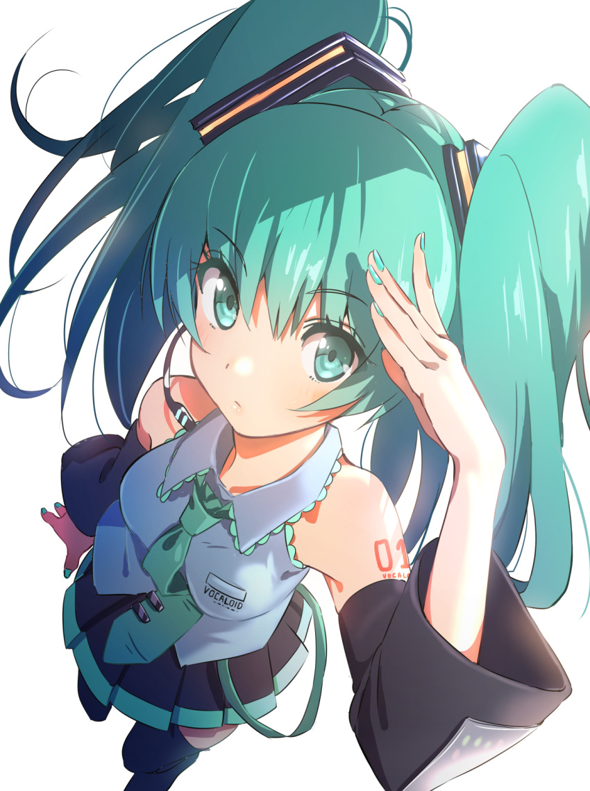 1girl aqua_eyes aqua_hair bare_shoulders blue_nails blue_necktie blush breasts detached_sleeves domo1220 eyebrows_visible_through_hair hatsune_miku highres long_hair looking_at_viewer medium_breasts microphone nail_polish necktie solo twintails vocaloid