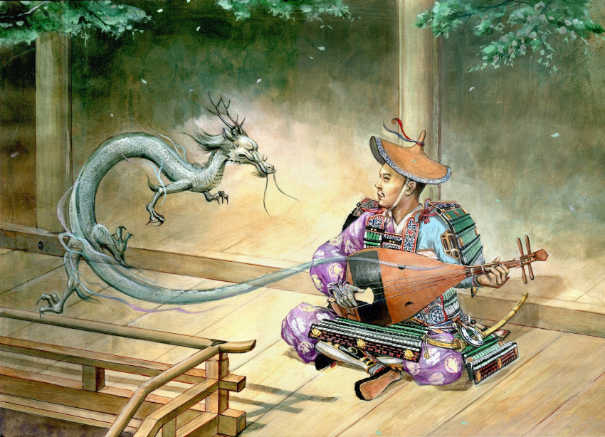 1boy architecture armor biwa_lute dragon east_asian_architecture hat highres instrument japanese_armor katana lute_(instrument) male_focus outdoors plectrum see-through sheath sheathed sitting sword tattoo weapon yki_(watercolor)