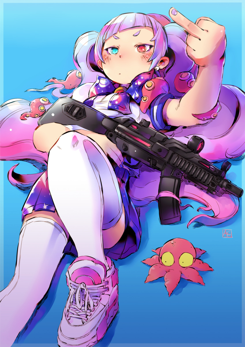 1girl andrea_cofrancesco blue_eyes blush character_request copyright_request gun heterochromia highres long_hair lying middle_finger nail_polish octopus on_back one_leg_raised pleated_skirt purple_hair purple_skirt red_eyes shoes skirt sneakers solo submachine_gun thigh-highs twintails very_long_hair weapon white_legwear zettai_ryouiki