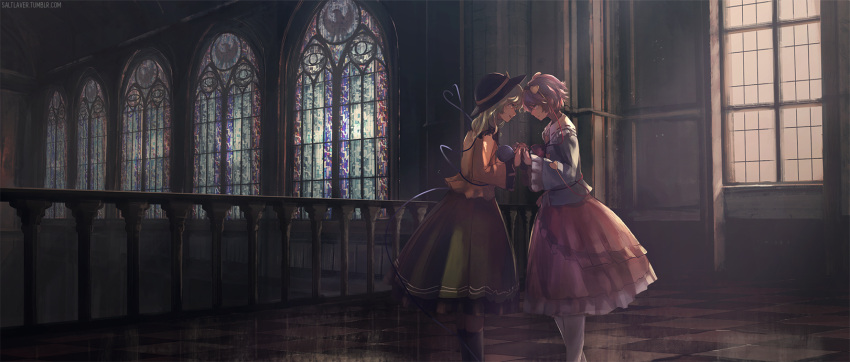 2girls backlighting black_legwear blouse blue_blouse blue_shirt bow checkered checkered_floor chireiden eye_contact forehead-to-forehead frilled_shirt_collar frilled_skirt frilled_sleeves frills from_side green_hair green_skirt hairband hand_holding hat hat_bow heart heart_of_string highres indoors interlocked_fingers kneehighs komeiji_koishi komeiji_satori light light_particles looking_at_another multiple_girls nori_(stak819) pink_hair pink_skirt profile railing reflective_floor ribbon-trimmed_collar ribbon_trim shirt short_hair siblings sisters skirt stained_glass standing third_eye touhou watermark web_address white_legwear window yellow_blouse yellow_shirt
