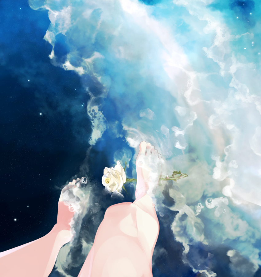 1girl air_bubble aspara bare_legs barefoot blue blue_sky bubble clouds female_pov flower highres legs_apart night night_sky ocean original out_of_frame pov rose sky soaking_feet solo standing star_(sky) thorns water_surface waves white_flower white_rose