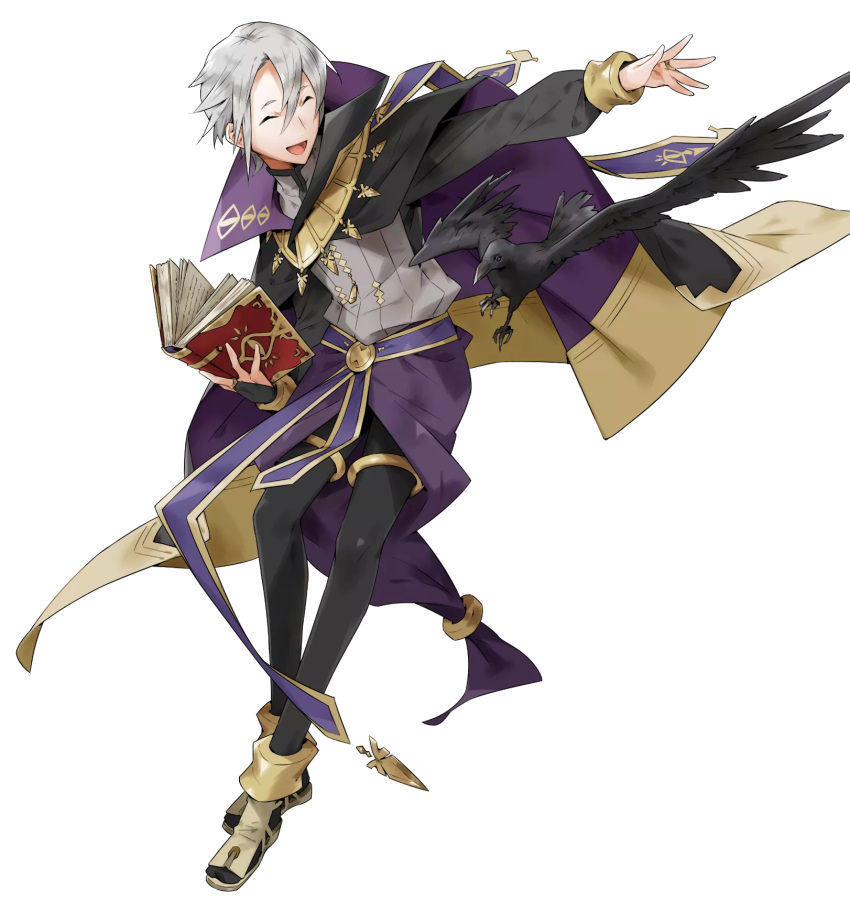 1boy bird book cape closed_eyes crow fire_emblem fire_emblem:_kakusei fire_emblem_heroes full_body henry_(fire_emblem) highres male_focus official_art open_mouth short_hair smile solo white_hair