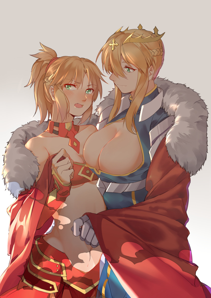 2girls absurdres artoria_pendragon_lancer_(fate/grand_order) bandeau bangs blue_dress blush breasts cleavage cleavage_cutout closed_mouth collarbone dress embarrassed eyebrows_visible_through_hair fate/apocrypha fate/grand_order fate_(series) fur_trim hair_between_eyes hand_up highres huge_breasts incest large_breasts light_smile looking_away looking_to_the_side medium_breasts mother_and_daughter multiple_girls navel open_mouth parted_bangs ponytail red_dress revealing_clothes saber saber_of_red sidelocks teeth upper_body yorukun yuri