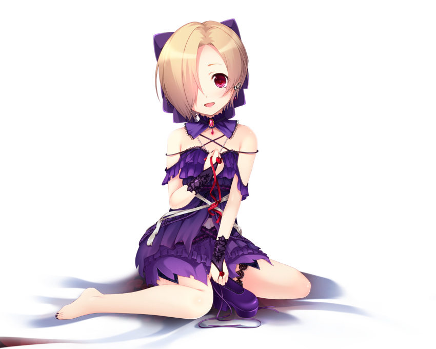 1girl :d babydoll bandage bare_shoulders barefoot bed_sheet blonde_hair bow bridal_gauntlets cross-laced_clothes detached_collar dot_nose ear_piercing earrings eyelashes flower frills gem hair_bow hair_over_one_eye hand_on_own_chest high_heels highres holding holding_ribbon holding_shoe idolmaster idolmaster_cinderella_girls idolmaster_cinderella_girls_starlight_stage jewelry lace-trimmed_collar lace_trim layered_skirt leg_garter linked_piercing looking_at_viewer multiple_piercings nail_polish navel necklace open_mouth pearl_necklace pendant piercing platform_footwear platform_heels purple_bow purple_shoes purple_skirt red_eyes red_ribbon red_rose ribbon rose shiny shiny_skin shirasaka_koume shoes shoes_removed short_eyebrows short_hair sitting skirt skirt_set skull_earrings smile solo spaghetti_strap strap_slip tareme tebukuro white_background yokozuwari