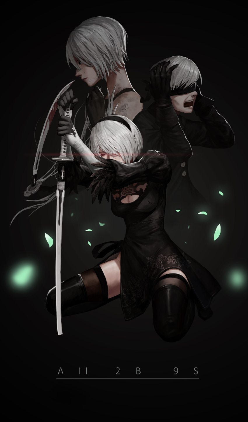 1boy 2girls absurdres bare_shoulders black_legwear blindfold blue_eyes breasts elbow_gloves gloves highres katana medium_breasts mole mole_under_mouth multiple_girls nier_(series) nier_automata red_eyes short_hair silver_hair sword thigh-highs tony_sun weapon white_hair yorha_no._2_type_b yorha_no._9_type_s yorha_type_a_no._2