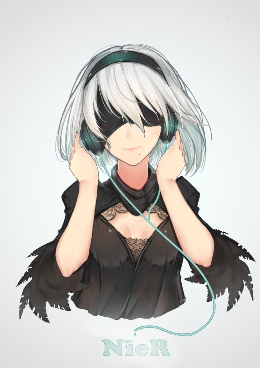 1girl 7t absurdres adapted_costume bangs black_shirt blindfold breasts cable cleavage_cutout closed_mouth copyright_name covered_eyes drag-on_dragoon feather-trimmed_sleeves feather_trim hair_between_eyes hands_on_headphones hands_up headphones highres juliet_sleeves long_sleeves mole mole_under_mouth nier_(series) nier_automata pink_lips puffy_sleeves shirt short_hair silver_hair small_breasts smile solo upper_body yorha_no._2_type_b