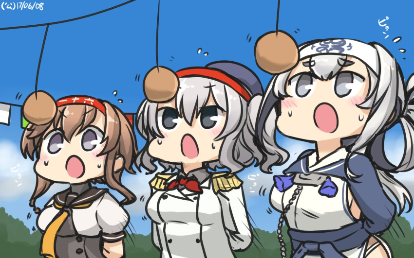 &gt;:o 10s 3girls :o arms_behind_back bandanna beret blush bouncing_breasts bread breasts check_commentary commentary_request dated epaulettes food grey_eyes hachimaki hamu_koutarou hat headband highres kamoi_(kantai_collection) kantai_collection kashima_(kantai_collection) large_breasts light_brown_hair multiple_girls necktie sailor_collar silver_hair teruzuki_(kantai_collection) twintails