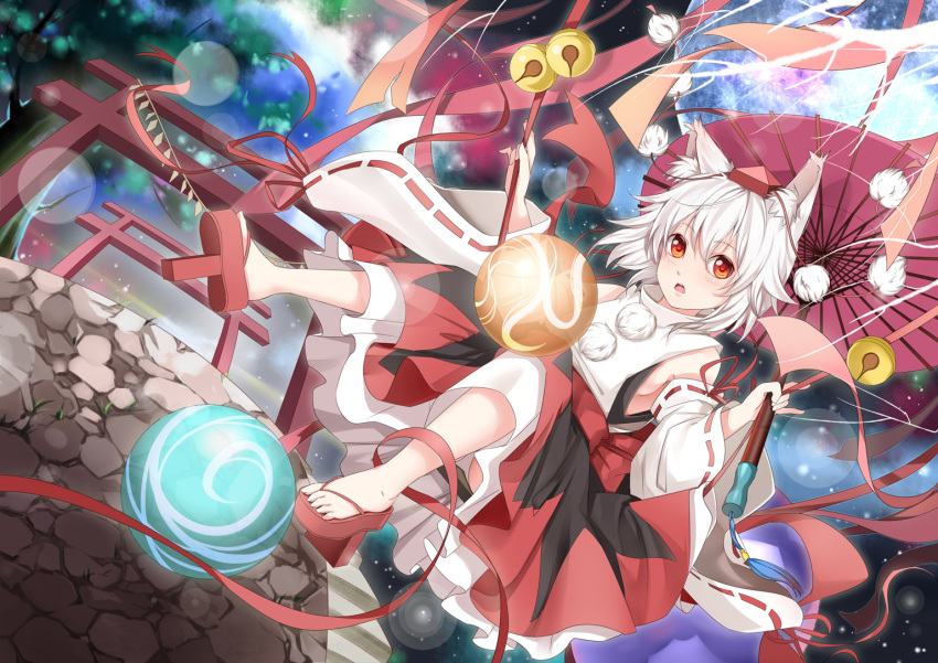 1girl animal_ears bare_shoulders barefoot blush breasts detached_sleeves geta hat hongmao inubashiri_momiji leaf looking_at_viewer maple_leaf medium_breasts open_mouth pom_pom_(clothes) red_eyes ribbon ribbon-trimmed_sleeves ribbon_trim short_hair silver_hair solo tail tengu-geta tokin_hat touhou umbrella wide_sleeves wolf_ears wolf_tail