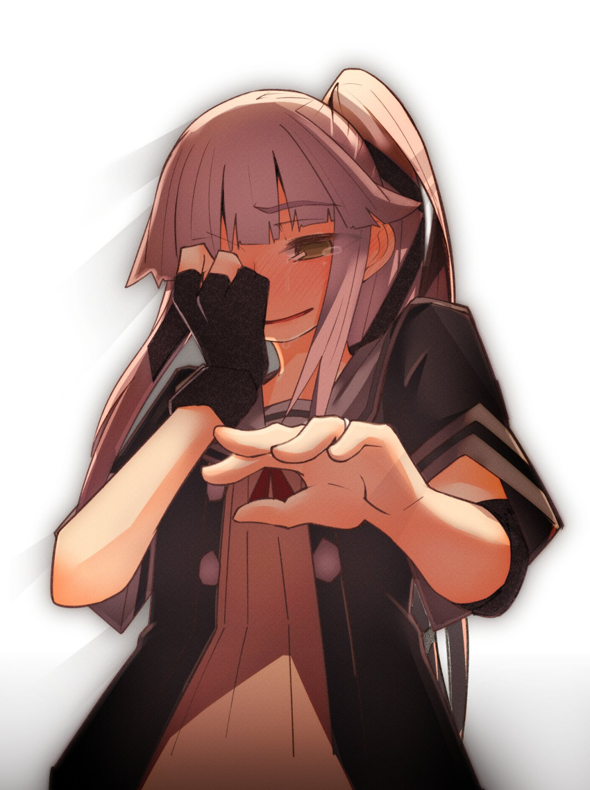 1girl artist_request asymmetrical_gloves black_gloves buttons commentary_request covering_face crying crying_with_eyes_open eyebrows_visible_through_hair gloves hair_ribbon highres jacket kantai_collection long_hair neck_ribbon open_mouth partly_fingerless_gloves pink_hair ponytail reaching_out red_ribbon remodel_(kantai_collection) ribbon shaded_face short_sleeves simple_background smile solo tears upper_body white_background yura_(kantai_collection)