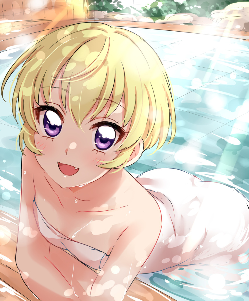 1girl :d aikatsu! ass bangs bare_arms bare_shoulders blonde_hair breasts cleavage collarbone commentary eyebrows_visible_through_hair fang hattori_yuu highres leaning_forward leaning_on_object light_blush looking_at_viewer looking_up open_mouth pool sekina short_hair small_breasts smile solo sunlight violet_eyes