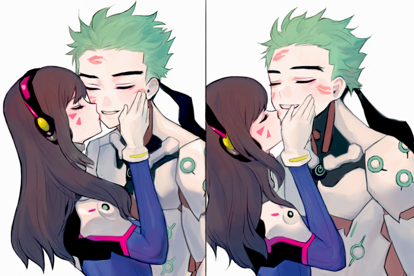 1boy 1girl armor bangs blue_bodysuit bodysuit breasts brown_hair cheek_kiss closed_eyes couple cyborg d.va_(overwatch) eye_contact facepaint facial_mark facing_another genji_(overwatch) gloves green_hair grin hand_on_another's_face headphones helmet high_collar kiss lipstick_mark long_hair looking_at_another mask mme12165 no_headwear no_helmet overwatch pilot_suit ponytail power_armor ribbed_bodysuit shoulder_pads simple_background sketch skin_tight smile swept_bangs upper_body whisker_markings white_background white_gloves