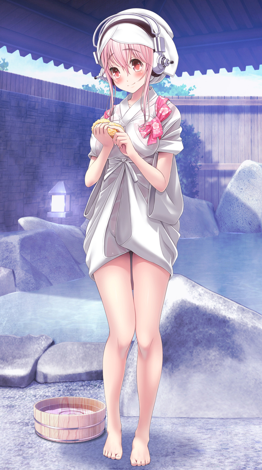 1girl barefoot blush breasts feet full_body headphones highres japanese_clothes kimono large_breasts looking_at_viewer nitroplus onsen pink_eyes pink_hair smile solo sponge super_sonico towel towel_on_head v-mag