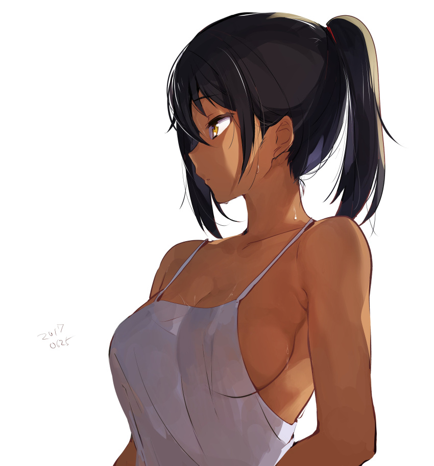 1girl a_k_o absurdres black_hair breasts camisole dark_skin dated highres medium_breasts ponytail profile sideboob simple_background solo sweat upper_body white_background yellow_eyes