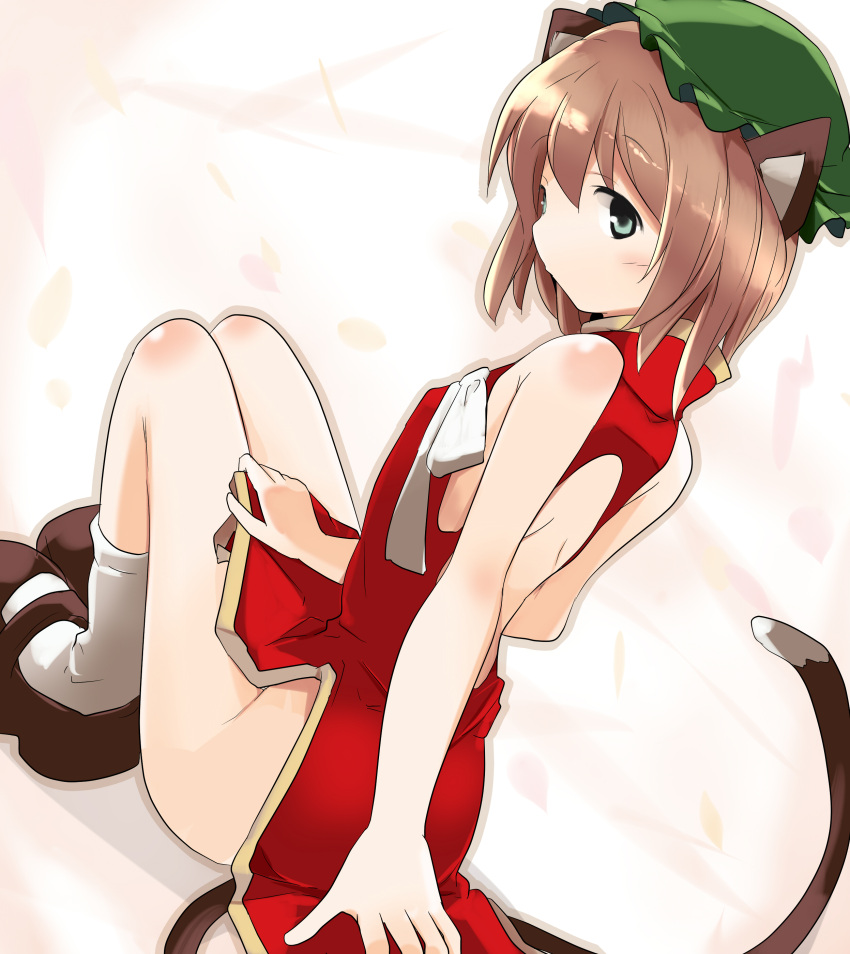 1girl absurdres animal_ears back_cutout bare_arms bare_legs brown_hair brown_shoes cat_ears cat_tail chen china_dress chinese_clothes dress green_eyes green_hat hat highres mukuroi no_panties shoes side_slit simple_background sitting socks solo tail touhou white_background white_legwear