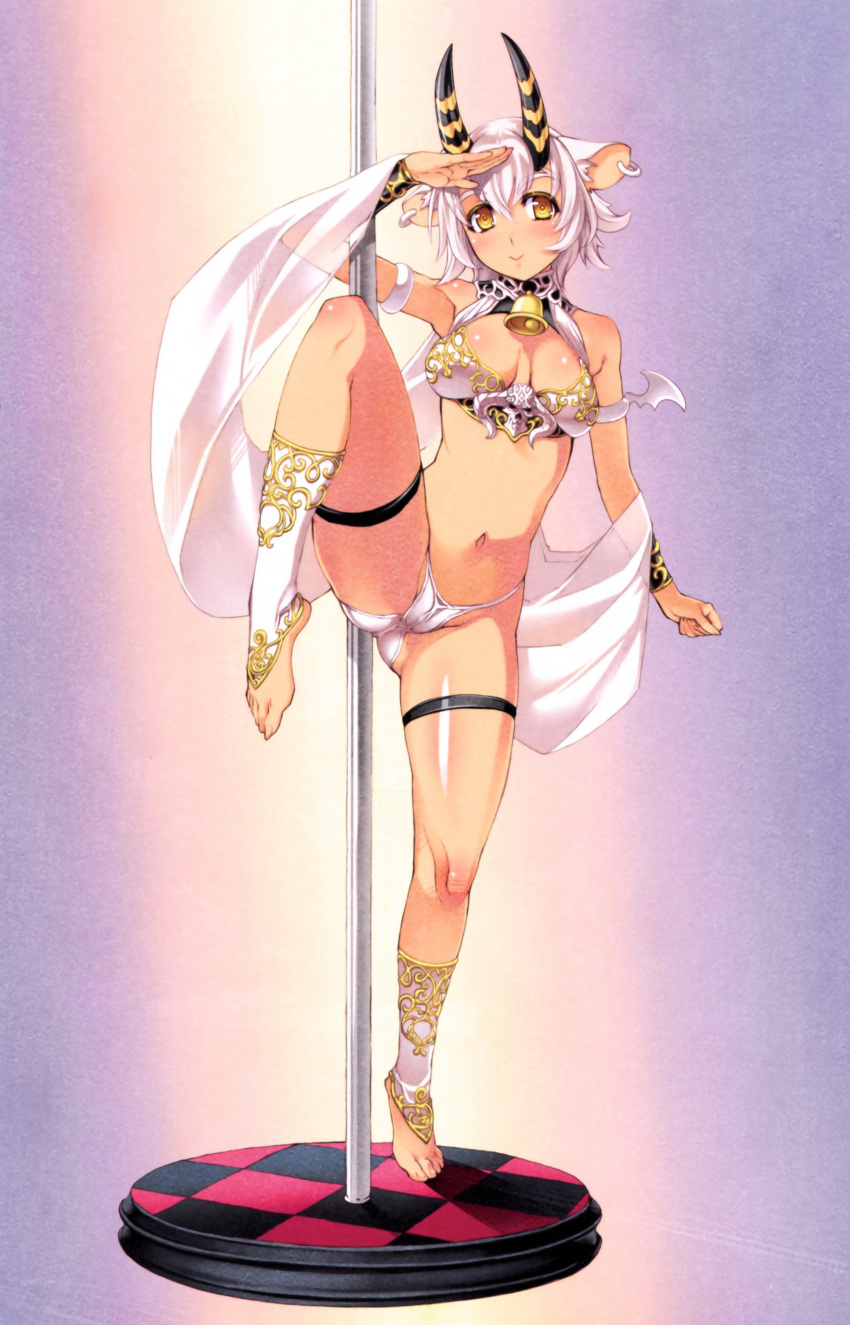 1girl absurdres animal_ears armlet ass_visible_through_thighs bangs bare_shoulders bell belphegor_(the_seven_deadly_sins) breasts closed_mouth cow_bell cow_ears dark_skin demon_girl demon_horns detached_sleeves eyebrows_visible_through_hair fingernails full_body groin hair_between_eyes highres horns leg_up looking_at_viewer medium_breasts midriff navel nishii_(nitroplus) one_leg_raised panties pole_dancing salute scan smile standing standing_on_one_leg stripper_pole the_seven_deadly_sins thigh_strap underwear white_hair white_panties yellow_eyes