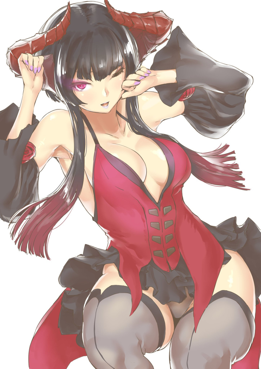 1girl artist_request black_hair breasts cleavage demon_horns detached_sleeves dress eliza_(tekken) flower frilled_skirt frills gradient_hair highres horns large_breasts lipstick makeup multicolored_hair nail_polish red_dress red_eyes rose short_hair sidelocks skirt slit_pupils solo spaghetti_strap tekken tekken_7 tekken_revolution vampire wide_sleeves