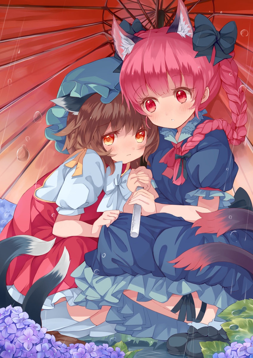 2girls absurdres animal_ears blush braid brown_hair cat_ears cat_tail chen dress extra_ears flower hair_ribbon hat highres hydrangea japa kaenbyou_rin leg_ribbon long_hair looking_at_another looking_at_viewer mob_cap multiple_girls multiple_tails oriental_umbrella parted_lips puffy_sleeves rain red_eyes redhead ribbon short_hair short_sleeves squatting tail touhou tress_ribbon twin_braids umbrella white_legwear