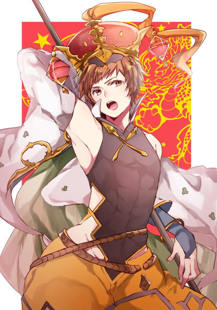 1boy adonis_belt apsaras_(granblue_fantasy) arm_up brown_eyes brown_hair detached_sleeves dragon gran_(granblue_fantasy) granblue_fantasy highres kyouna looking_at_viewer male_focus puffy_pants red_background short_hair simple_background solo staff