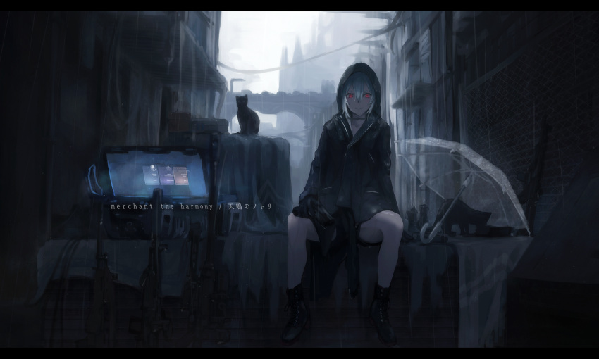 1girl alley assault_rifle bangs black_boots black_cat black_gloves black_jacket black_shirt black_shorts boots cat choker city clouds cloudy_sky computer crate dumpster english gloves gradient_hair grey_hair gun hair_between_eyes highres holding holding_gun holding_weapon hood hooded_jacket jacket laptop legs letterboxed long_sleeves looking_at_viewer multicolored_hair multiple_cats original rain red_eyes rifle shiroi_suzume shirt short_hair shorts silver_hair sitting sky smile solo thighs translation_request transparent_umbrella umbrella weapon wire
