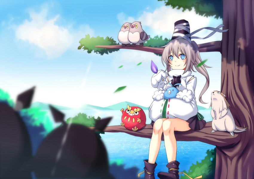 1girl bangs black_boots black_skirt blue_eyes blush boots clouds dappled_sunlight day hair_between_eyes hat in_tree koissa light_trail long_sleeves misty_lake mononobe_no_futo mountain petals pleated_skirt pocket_monsters_pipipi_adventure pokemon pokemon_(game) pom_pom_(clothes) ribbon-trimmed_sleeves ribbon_trim shoe_ribbon short_hair silver_hair sitting sitting_in_tree skirt smile solo sun sunlight tate_eboshi touhou tree turtleneck white_pupils wide_sleeves wind