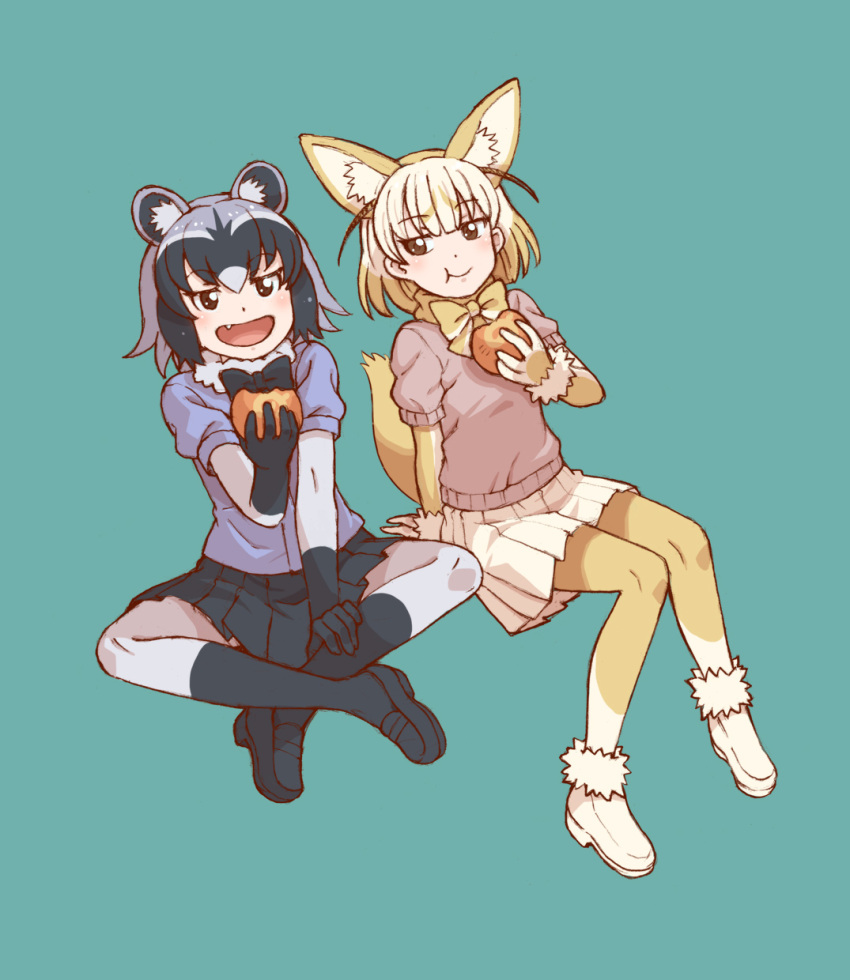 2girls :t animal_ears black_hair blonde_hair bow bowtie brown_eyes common_raccoon_(kemono_friends) eating fang fennec_(kemono_friends) fluffy_collar food fox_ears fox_tail highres holding holding_food indian_style japari_bun kemono_friends multicolored_hair multiple_girls open_mouth pleated_skirt short_hair simple_background sitting skirt tail tanuki_koubou