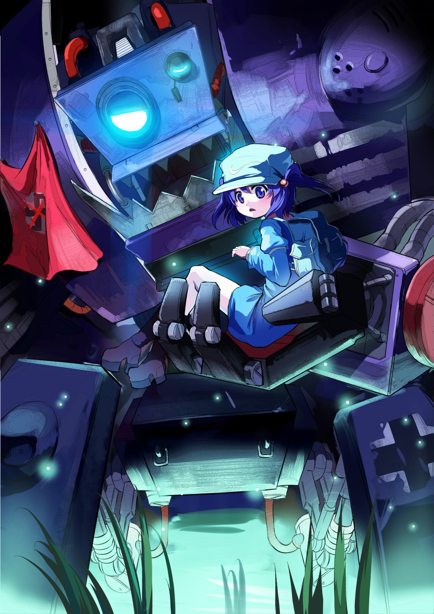 1girl absurdres backpack bag blue_eyes blue_hair boots carrying crossed_out from_below glowing green_hat hair_bobbles hair_ornament hat highres kawashiro_nitori looking_at_viewer looking_to_the_side nazi_flag night open_mouth platform_boots platform_footwear robot short_hair short_twintails swastika touhou twintails x x-boy