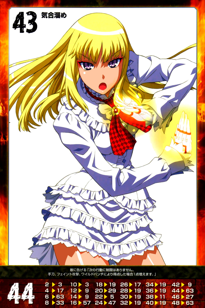 1girl absurdres bangs blonde_hair breasts detached_sleeves dress eyebrows_visible_through_hair fingerless_gloves frilled_dress frilled_panties frills gloves glowing highres lili_(tekken) long_hair long_sleeves looking_at_viewer medium_breasts morita_kazuaki official_art open_mouth panties queen's_gate short_dress simple_background solo underwear violet_eyes white_background