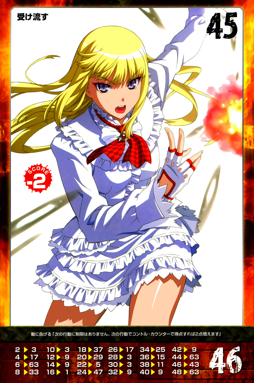 1girl absurdres bangs blonde_hair breasts detached_sleeves dress eyebrows_visible_through_hair fingerless_gloves frilled_dress frills gloves highres lili_(tekken) long_hair long_sleeves looking_at_viewer medium_breasts morita_kazuaki official_art open_mouth queen's_gate short_dress simple_background solo violet_eyes white_background