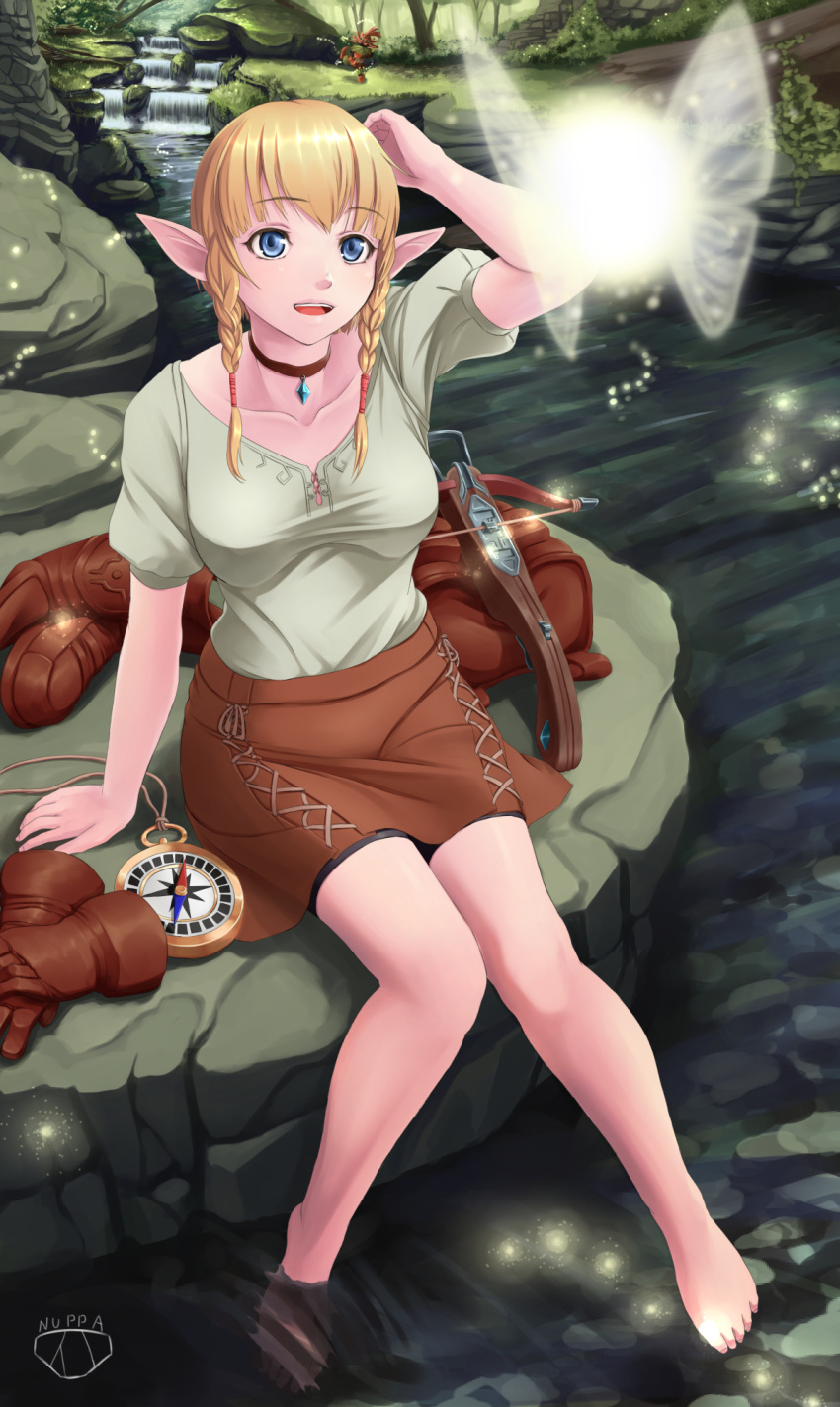 1girl blonde_hair blue_eyes bow_(weapon) braid breasts collarbone compass crossbow full_body gloves gloves_removed grass highres jewelry linkle medium_breasts nature necklace nuppa outdoors pointy_ears river shirt short_sleeves sitting skirt solo the_legend_of_zelda twin_braids water weapon zelda_musou