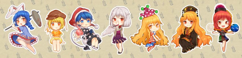 6+girls :t ambiguous_red_liquid american_flag_dress american_flag_legwear animal_ears black_dress black_shirt blonde_hair bloomers blue_dress blue_eyes blue_hair braid chains chibi chinese_clothes clothes_writing clownpiece crescent dango doremy_sweet dream_soul dress ear_clip earth_(ornament) eating feathered_wings floppy_ears food hajin hat hecatia_lapislazuli highres jacket jester_cap junko_(touhou) kine kishin_sagume legacy_of_lunatic_kingdom long_hair long_image long_sleeves looking_at_viewer mallet miniskirt moon_(ornament) multicolored multicolored_clothes multicolored_skirt multiple_girls neck_ruff nightcap off-shoulder_shirt open_clothes open_jacket orange_shirt pantyhose polka_dot polos_crown pom_pom_(clothes) purple_skirt rabbit_ears red_eyes redhead ribbon ringo_(touhou) seiran_(touhou) shirt shoes short_dress short_hair short_sleeves silver_hair single_wing skirt smile standing star star_print striped t-shirt tabard touhou underwear very_long_hair wagashi white_dress white_shoes white_wings wide_image wide_sleeves wings yellow_ribbon