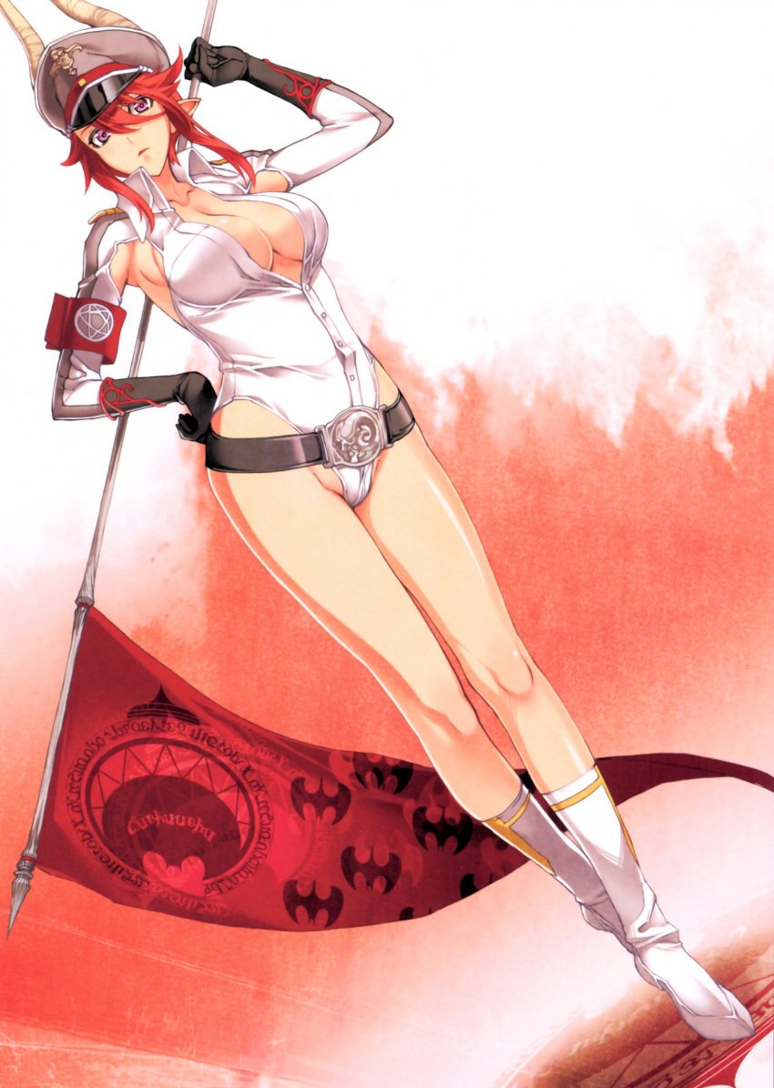 1girl absurdres armband belt black_gloves breasts cleavage demon_girl demon_horns dutch_angle flag gloves hat highres horns large_breasts legs_crossed leotard long_hair long_legs nishii_(nitroplus) nitroplus no_bra official_art peaked_cap pointy_ears polearm red_eyes redhead satan_(the_seven_deadly_sins) scan solo spear standing the_seven_deadly_sins weapon