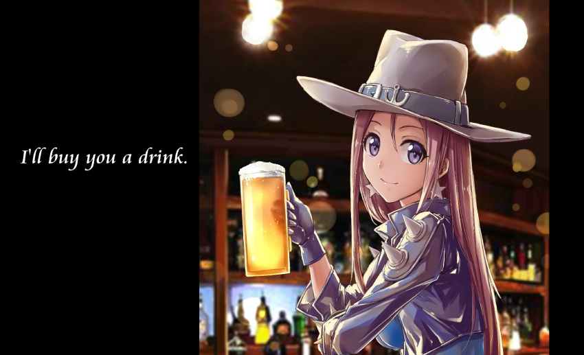 1girl a4typhoon alcohol anchor_symbol beer beer_mug blue_shirt closed_mouth cowboy_hat cup earrings english from_side gloves grey_hat hair_between_eyes hands_up hat hat_belt highres holding holding_cup indoors jacket jewelry lights long_hair looking_at_viewer open_clothes open_jacket purple_gloves purple_hair purple_jacket shirt shoulder_spikes smile solo spikes star star_earrings tavern turning_head tuscaloosa_(zhan_jian_shao_nyu) violet_eyes zhan_jian_shao_nyu