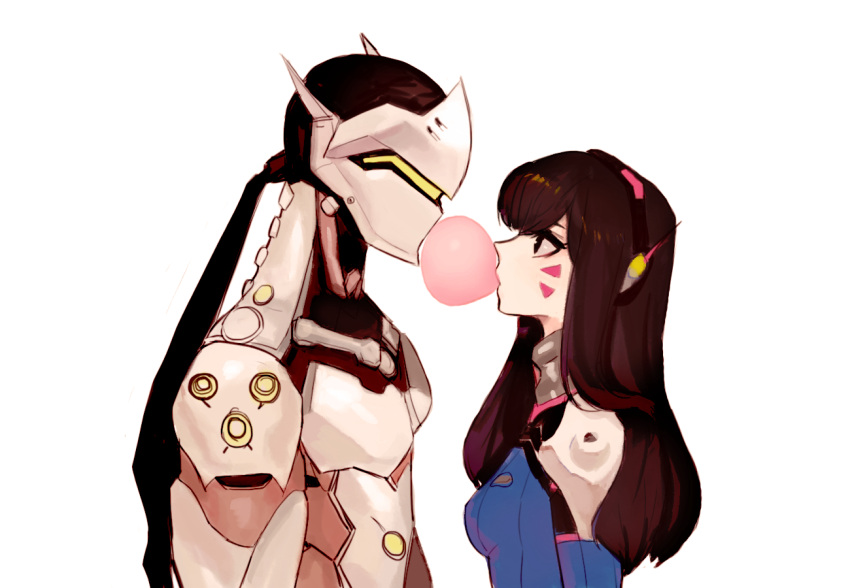 1boy 1girl armor bangs black_hair blue_bodysuit blush bodysuit breasts brown_eyes brown_hair bubble_blowing chewing_gum couple cyborg d.va_(overwatch) eye_contact facepaint facial_mark genji_(overwatch) headphones helmet high_collar long_hair looking_at_another mask mme12165 overwatch pilot_suit ponytail power_armor ribbed_bodysuit shoulder_pads simple_background sketch skin_tight small_breasts swept_bangs upper_body whisker_markings white_background