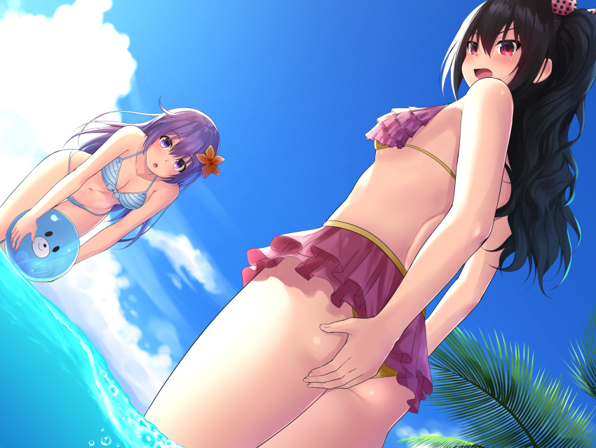 2girls ass ball beach beachball bikini black_hair blue_sky blush breasts cleavage clouds covering covering_ass day dutch_angle flower frilled_bikini frills from_behind front-tie_top hair_flower hair_ornament highres long_hair looking_at_viewer looking_back medium_breasts multiple_girls nepgear neptune_(series) ocean oekakizuki outdoors purple_hair red_eyes sky small_breasts striped striped_bikini swimsuit uni_(choujigen_game_neptune) violet_eyes water white_bikini