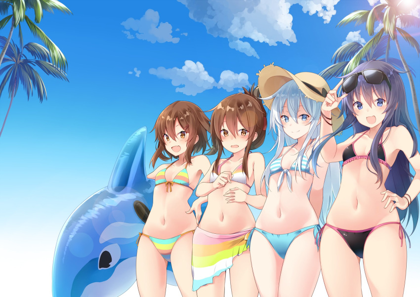 4girls :d akatsuki_(kantai_collection) arms_behind_back ass_visible_through_thighs bikini black_bikini blue_eyes blue_sky breasts brown_eyes brown_hair closed_mouth cowboy_shot day fang folded_ponytail front-tie_bikini front-tie_top hair_between_eyes hand_on_headwear hand_on_hip hat hibiki_(kantai_collection) highres ikazuchi_(kantai_collection) inazuma_(kantai_collection) inflatable_orca inflatable_toy kantai_collection lens_flare long_hair matsunoki_(unknown_751) multicolored multicolored_bikini multicolored_clothes multiple_girls navel open_mouth outdoors palm_tree purple_hair side-tie_bikini sidelocks silver_hair sky small_breasts smile straw_hat string_bikini striped striped_bikini sun_hat sunglasses sunglasses_on_head sunlight swimsuit tree wristband