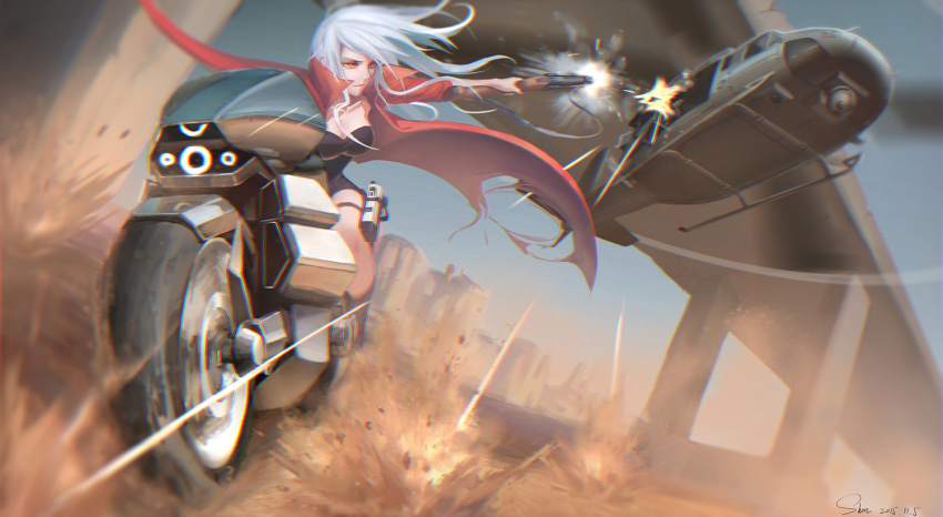 1girl aircraft breasts bridge cleavage dated floating_hair ground_vehicle gun helicopter holding holding_gun holding_weapon large_breasts looking_away motor_vehicle motorcycle original riding_machine shon signature weapon white_hair yellow_eyes