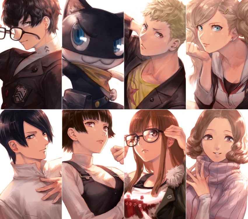 3boys 4girls rnanimal black_hair blonde_hair blue_eyes brown_eyes cat fur_trim glasses headphones highres jacket kitagawa_yuusuke kurusu_akira long_hair looking_at_viewer morgana_(persona_5) nekorin_(nekoforest) niijima_makoto okumura_haru orange_hair persona persona_5 red_eyes sakamoto_ryuuji sakura_futaba short_hair smile takamaki_anne twintails