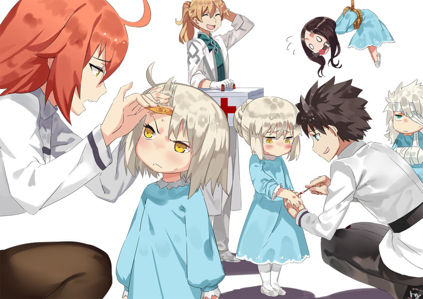 bandage bandaid black_hair blonde_hair blue_dress blush bound braid brown_hair character_request closed_eyes dress fate/grand_order fate_(series) first_aid_kit french_braid fujimaru_ritsuka_(female) fujimaru_ritsuka_(male) gag gagged green_eyes jeanne_alter labcoat leonardo_da_vinci_(fate/grand_order) long_hair long_sleeves looking_at_another nanaya_(daaijianglin) open_mouth orange_hair pantyhose ponytail romani_akiman rope ruler_(fate/apocrypha) saber saber_alter shoes short_hair sleeves_folded_up smile squatting standing tied_up white_background white_hair yellow_eyes younger