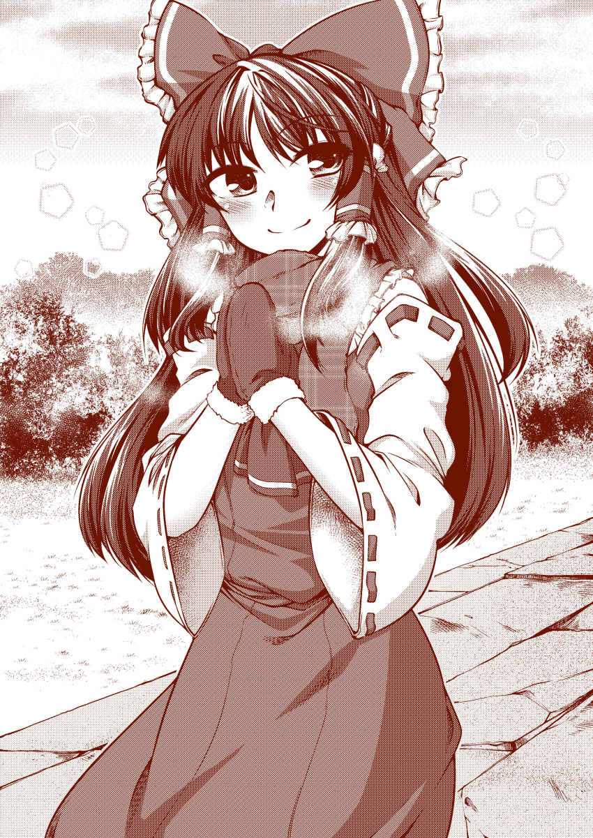 0-den 1girl absurdres adapted_costume ascot blush bow breath bush cold detached_sleeves dress frilled_bow frilled_shirt_collar frills ground hair_bow hair_tubes hakurei_reimu halftone hands_together heavy_breathing highres long_hair looking_to_the_side mittens monochrome outdoors ribbon-trimmed_sleeves ribbon_trim scarf sleeveless sleeveless_dress smile solo stone_walkway touhou wide_sleeves