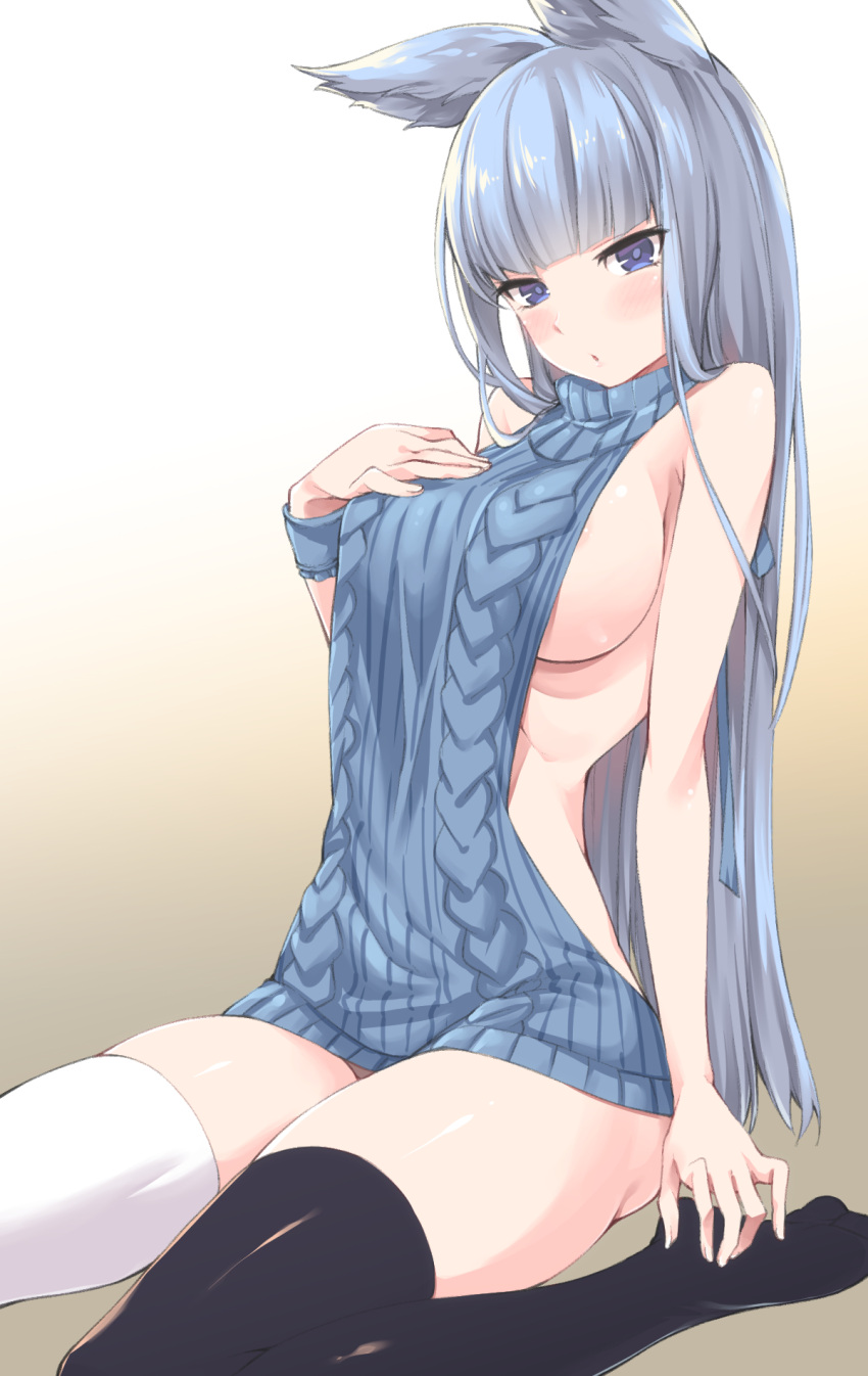 1girl akanagi_youto animal_ears aran_sweater backless_outfit bangs bare_back black_legwear blue_eyes blunt_bangs blush breasts dress erun_(granblue_fantasy) granblue_fantasy highres korwa large_breasts long_hair looking_at_viewer meme_attire naked_sweater open-back_dress sideboob silver_hair sitting sleeveless sleeveless_turtleneck solo sweater sweater_dress thigh-highs turtleneck turtleneck_sweater virgin_killer_sweater wariza white_legwear